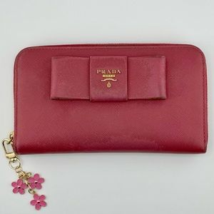 Prada Continental Zip Around Wallet Saffiano Leather Pink Bow Gold Hardware